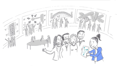 A screenshot from a technology explainer video Sketch Group made. The image shows groups of people gathered around different screens discussing projects. At the front, there is a group of people gathered looking at an iPad with a symbol representing technology.